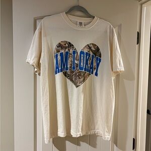 Comfort Colors Cream Tee with Blue and Brown Heart Design